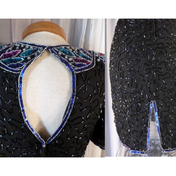 Silk Size 6 Dress Bead Sequin Black Red Gold VTG - Picture 8 of 8